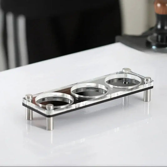DecorBites acrylic coffee bar utensil rack with clear acrylic dripper, three metal wells, and silver-toned powder press legs