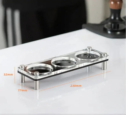 Decorbites acrylic coffee bar utensil rack with clear acrylic holder, three slots, and silver metal legs for powder press use
