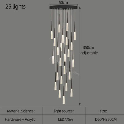 Modern black and white acrylic cone pendant light with 25 adjustable led lights for villa stair kitchen and restaurant