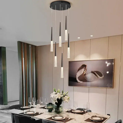 Modern black and white acrylic cone pendant light with tapered glass shades hanging from circular mount for villa stair and kitchen