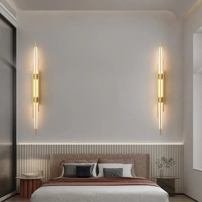 Decorbites™ acrylic copper wall sconce with gold-toned vertical design and warm ambient lighting for minimalist living rooms