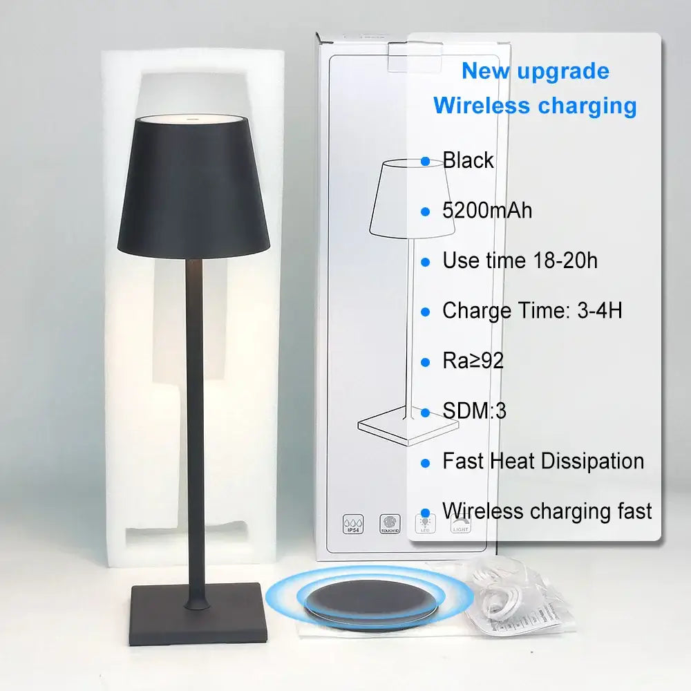 Black DecorBites™ acrylic crystal art led table lamp with sleek wireless charging and modern matte finish design