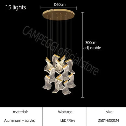 Decorbites acrylic deluxe staircase chandelier with 15 led lights in gold aluminum and translucent acrylic for villa and lobby lighting