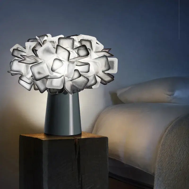 Modern white and gray geometric decorbites™ acrylic flower led table lamp with sculptural translucent design for living room lighting