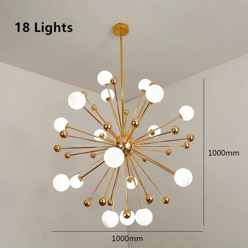 Gold-finished decorbites acrylic molecule chandelier with 18 frosted glass globes in starburst design for dining room
