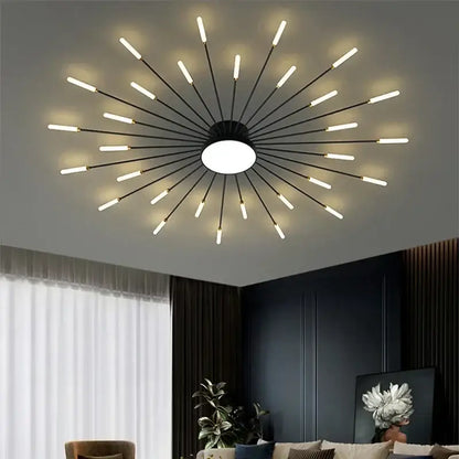Modern black metal ceiling lamp with slender arms and illuminated LED bulbs, ideal for decorbites acrylic sunflower ceiling