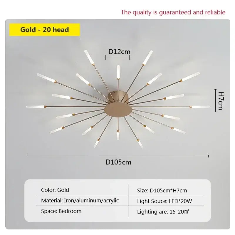 Gold modern ceiling lamp with 20 slender arms and frosted acrylic lamp heads decorbites acrylic sunflower ceiling