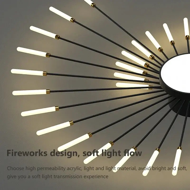 Black and gold decorbites acrylic sunflower ceiling lamp with frosted acrylic rods emitting warm soft illumination