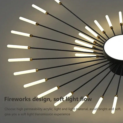 Black and gold decorbites acrylic sunflower ceiling lamp with frosted acrylic rods emitting warm soft illumination