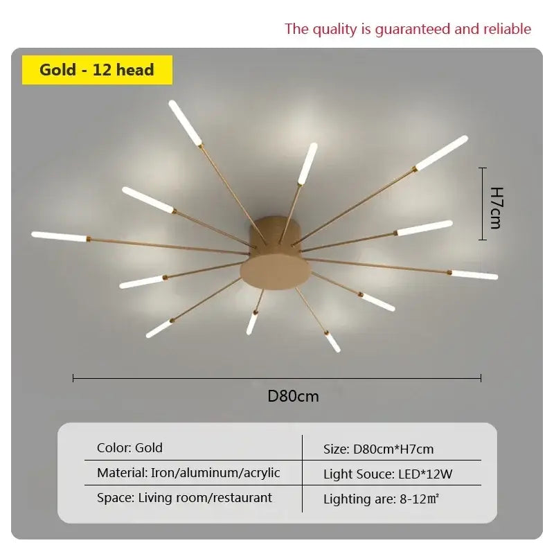 Gold-colored decorbites acrylic sunflower ceiling lamp with twelve slender arms and white led bulbs in modern design