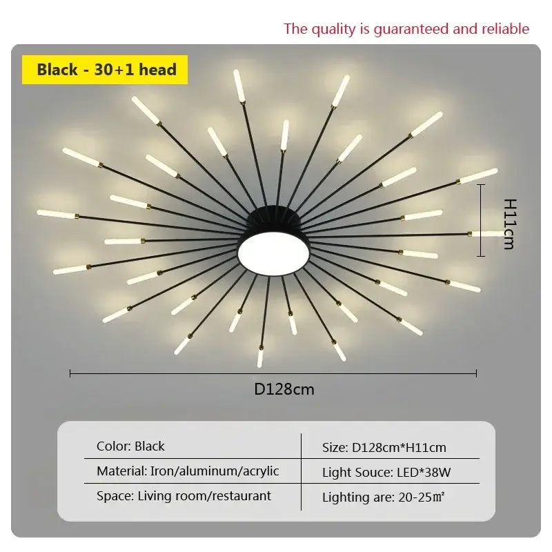 Black decorbites acrylic sunflower ceiling lamp with 30 slender arms led bulbs iron aluminum acrylic starburst design