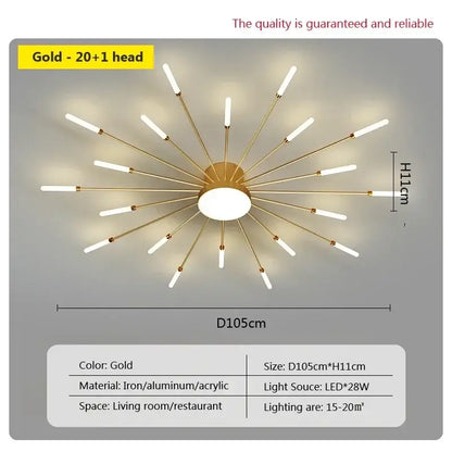 Gold-colored decorbites acrylic sunflower ceiling lamp with 20+ slender arms and white led bulbs for living room use
