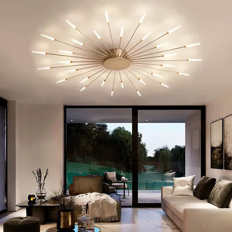 Modern gold-toned decorbites acrylic sunflower ceiling lamp with central base and radiating led rods for living room