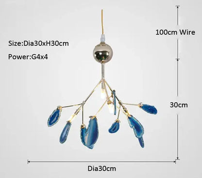 Blue agate pendant chandelier with polished brass spherical top and slender metal arms in decorbites agate branch design