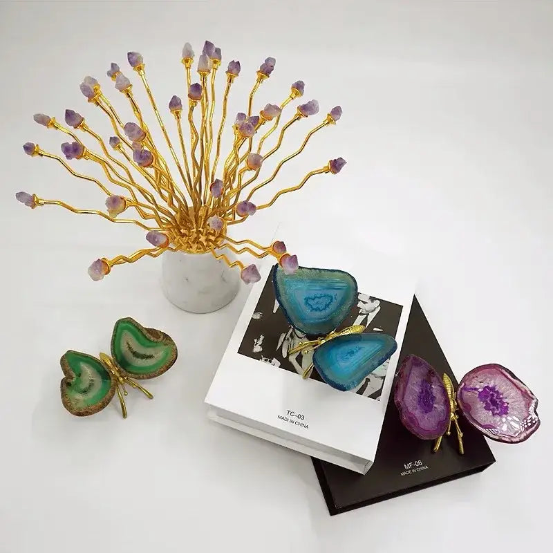 Golden wire decorbites agate butterfly ornament adorned with purple amethyst geodes for living room brass decor