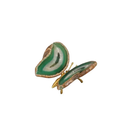 Delicate decorbites agate butterfly ornament with translucent green and white agate wings and gold-toned brass body for decor