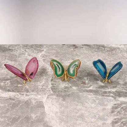 Three colorful decorbites agate butterfly ornaments with gold-tone metal bases for living room brass decor