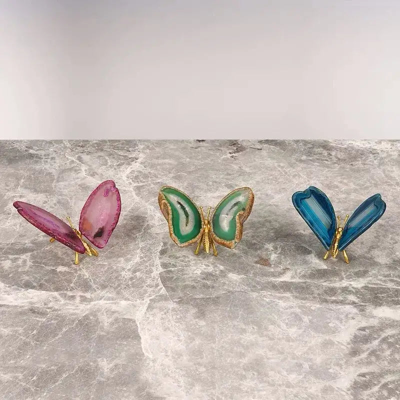 Three colorful decorbites agate butterfly ornaments with gold-tone metal bases for living room brass decor