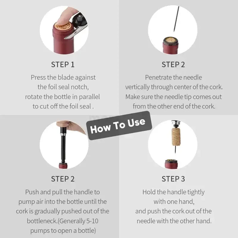 Black and red air pump corkscrew with needle and handle for wine opener in decorbites air pump corkscrew kit