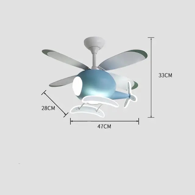 DecorBites™ aircraft ceiling fan chandelier in blue with white propellers and LED light with remote dimming feature