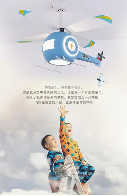 Blue aircraft-shaped ceiling fan light with white and yellow accents and central LED light for kids bedroom by decorbites