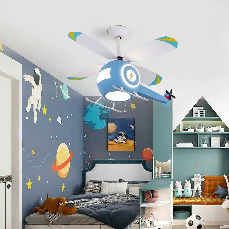 Blue helicopter-shaped DecorBites™ ceiling fan light with white blades and yellow accents for kids bedroom chandelier
