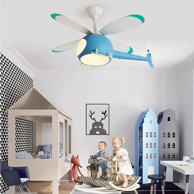 Blue helicopter-shaped ceiling fan with white and teal accents aircraft led chandelier ceiling light for kids room decor