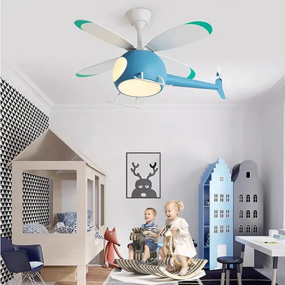Blue helicopter-shaped ceiling fan with white and teal accents aircraft led chandelier ceiling light for kids room decor