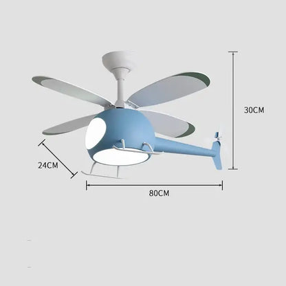 Blue aircraft led chandelier ceiling fan with white blades and light fixture for kids room bedroom decor