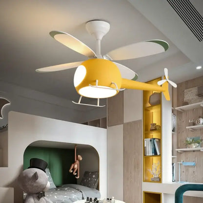 Decorbites™ yellow aircraft led chandelier ceiling fan with white blades and glowing light fixture for kids room decor