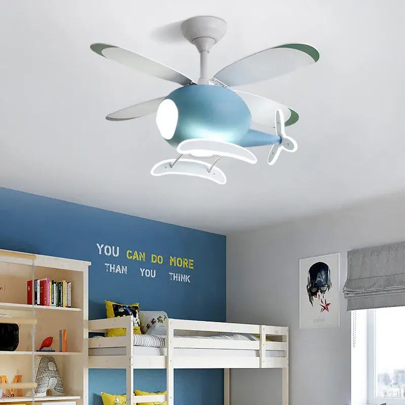 Blue airplane-shaped ceiling fan with white propellers and illuminated cockpit lights aircraft led chandelier ceiling decor