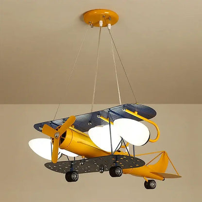 Decorbites airplane chandelier kids led featuring vibrant yellow and blue biplane design with white illuminated kids led lights