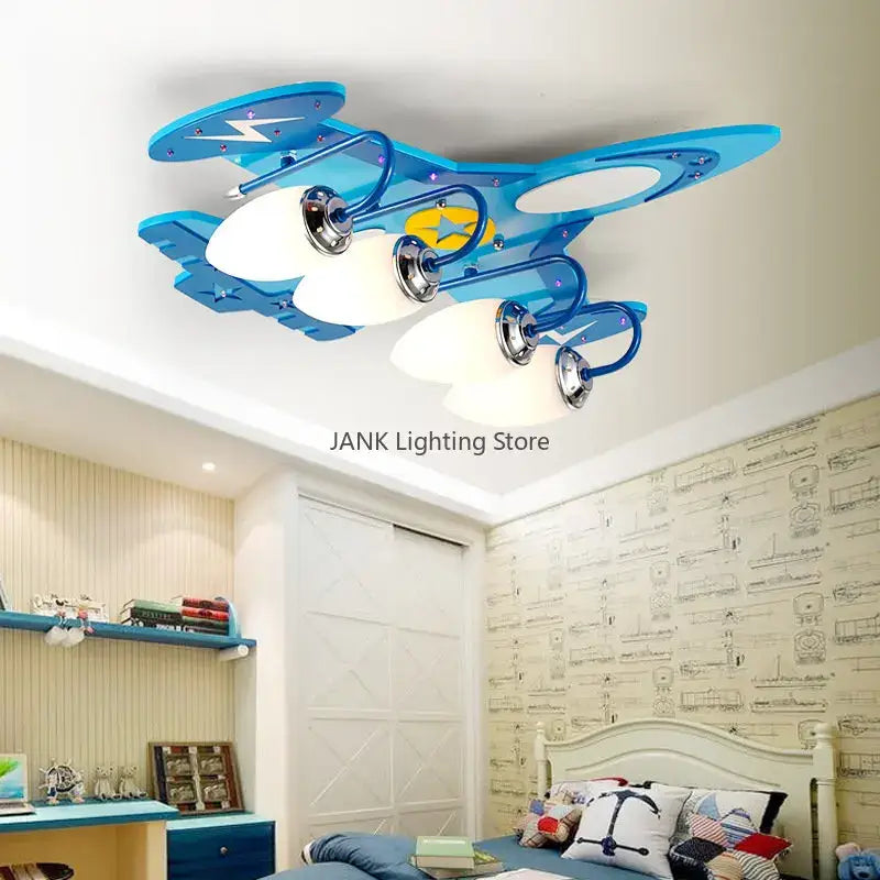Blue airplane kids led chandelier with white lampshades and chrome accents for eye-friendly baby boy room lighting