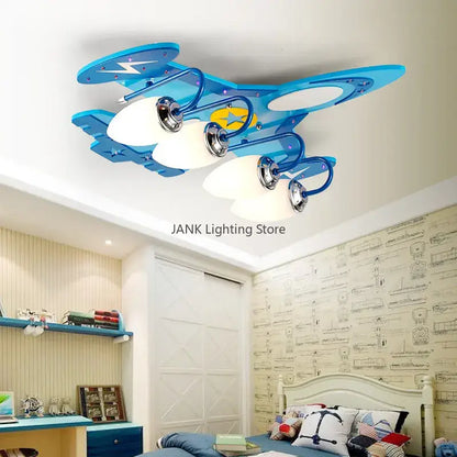 Blue airplane kids led chandelier with white lampshades and chrome accents for eye-friendly baby boy room lighting