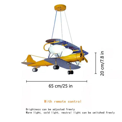 Decorbites™ airplane kids led chandelier in yellow and blue shaped like a biplane with warm glow for kids room lighting