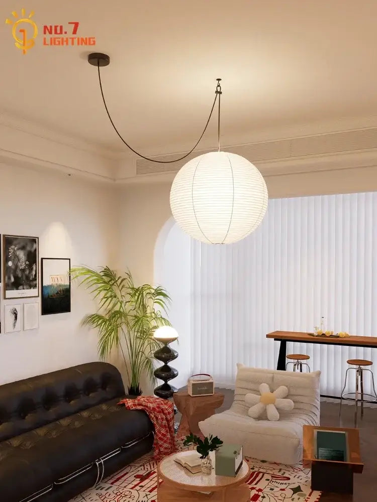 DecorBites akari noguchi led pendant lights off-white paper lantern wabi-sabi round ball design with black cord suspension