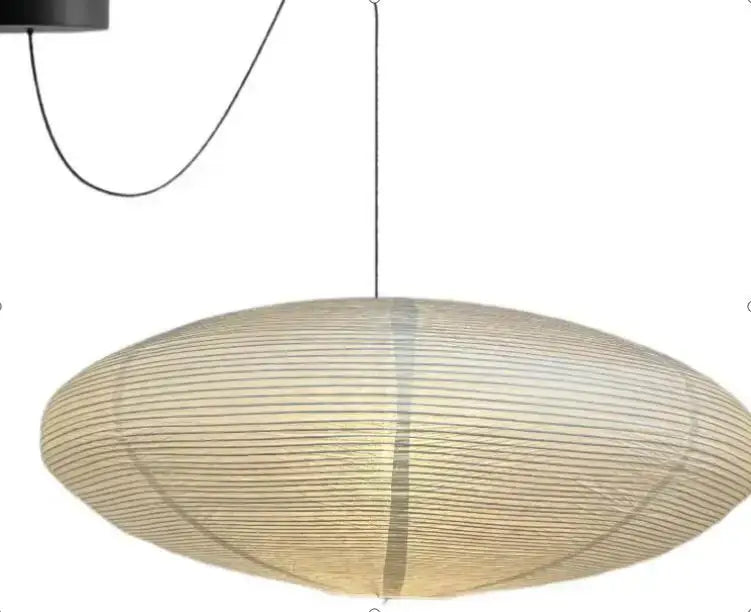 Cream-colored oval pendant lamp with woven rice paper texture and black cord suspension by DecorBites™ akari rice paper