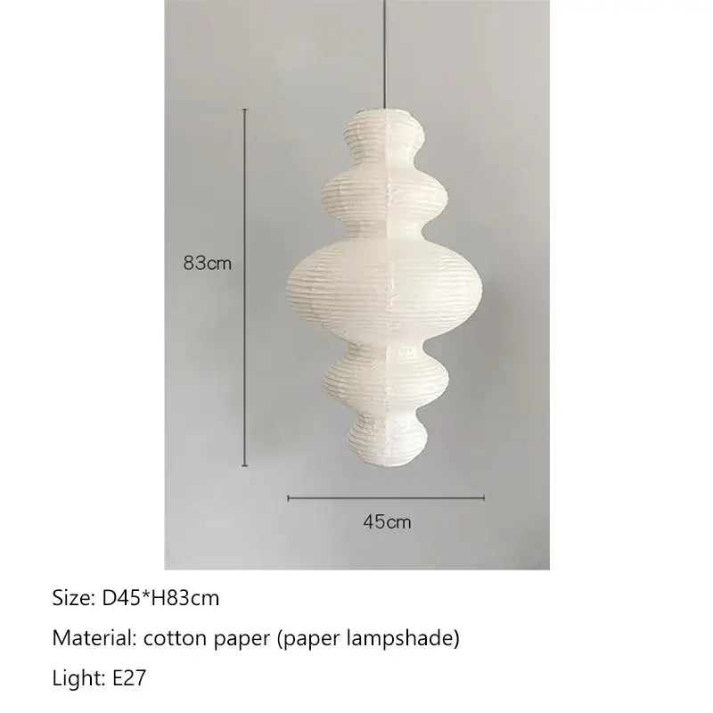 White intricately pleated cotton akari rice paper pendant lamp with tiered sculptural design for living room and bedroom