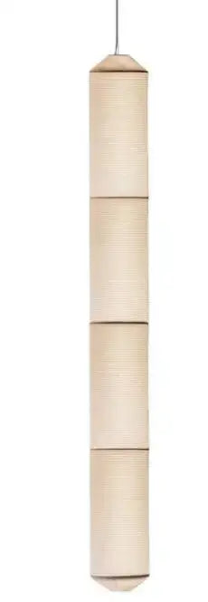 Beige cylindrical pendant light with segmented ribbed design and wooden caps by decorbites akari rice paper lamp