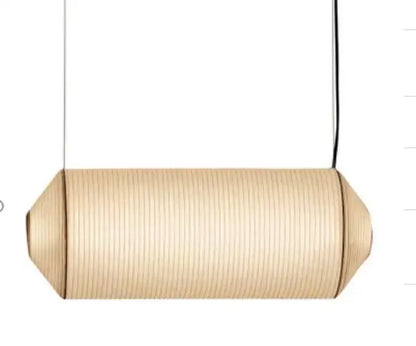 Beige cylindrical pendant lamp with vertical ribbed texture and tapered ends made of akari rice paper for living room use