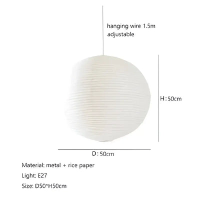 White spherical handwoven akari rice paper pendant light with ribbed texture and metal frame for home décor