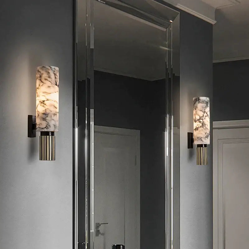 DecorBites Alabaster copper wall lamp with marble-patterned glass shade and brushed brass base luxury wall lamp