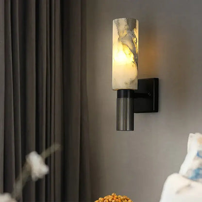DecorBites™ alabaster copper wall lamp with a translucent marble shade and black metal base LED wall lamp