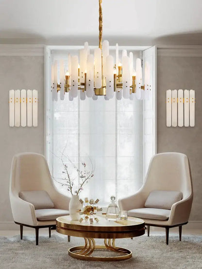 A DecorBites alabaster gold chrome chandelier suspension luminaire with translucent glass rods for living room use