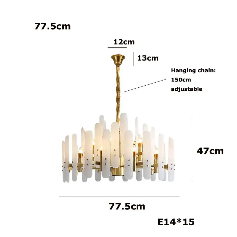 DecorBites alabaster gold chrome chandelier with frosted glass rods and adjustable gold chrome suspension chain for living room