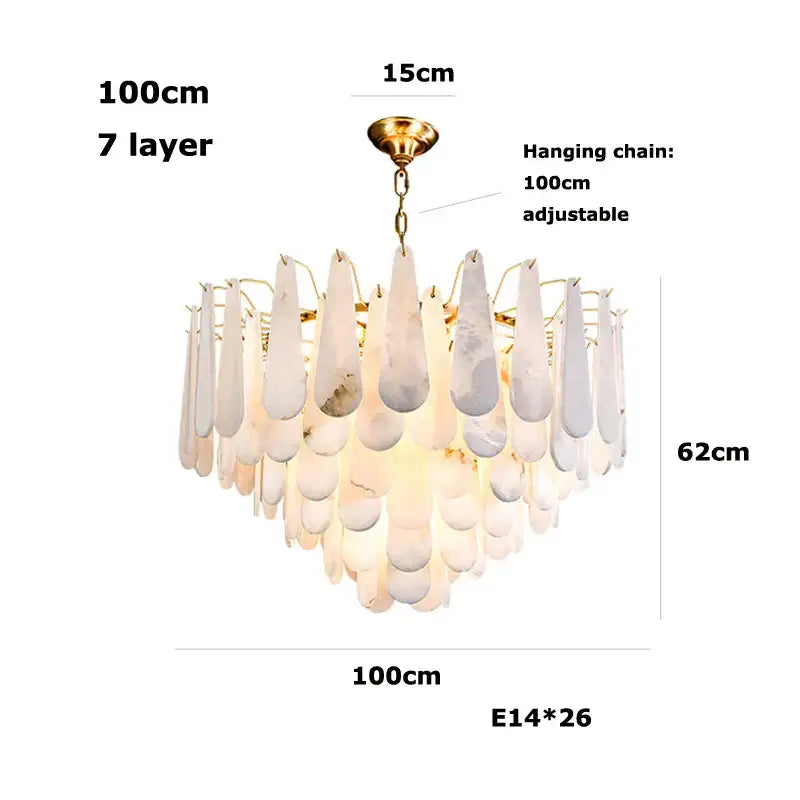 Elegant 7-layer alabaster lustre led chandelier with teardrop white marble shades and gold frame for dining room