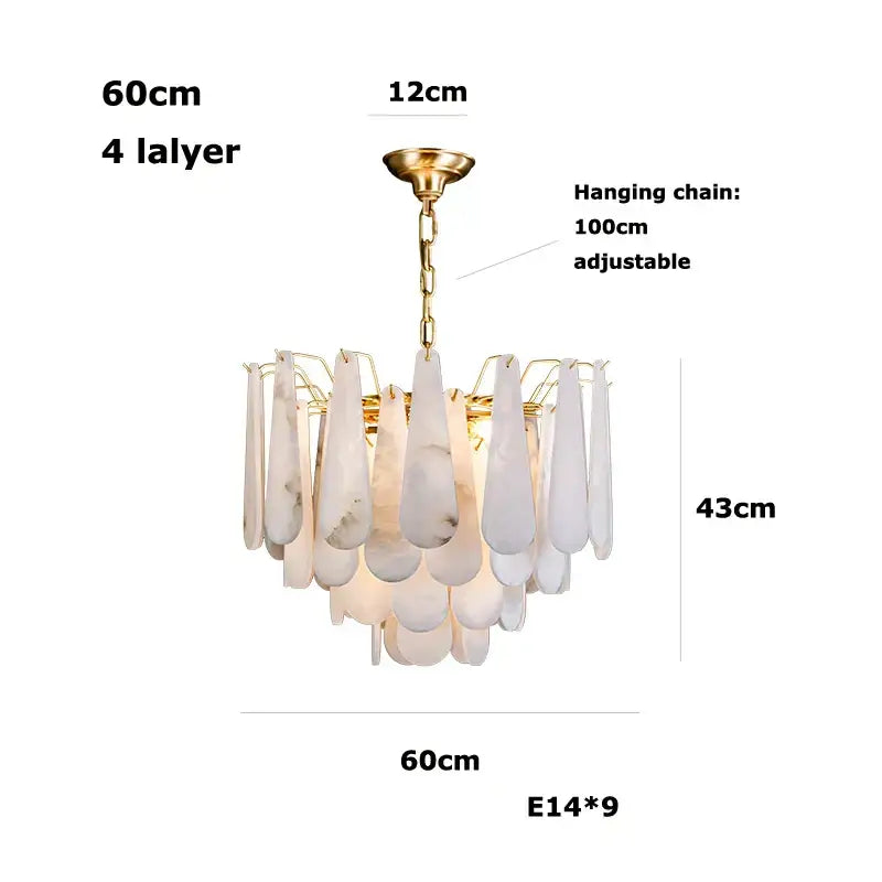 Elegant four-layer alabaster lustre led chandelier with white marble teardrop shades and gold frame for dining room