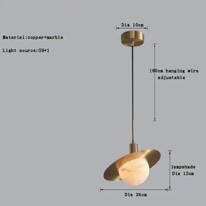 DecorBites™ alabaster marble pendant light with brass-finished copper and marble shade and adjustable 180cm wire