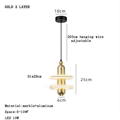 Gold two-layer alabaster marble pendant light with aluminum construction and sleek circular design for luxury décor