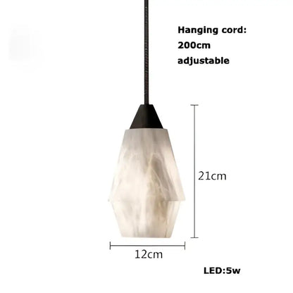 DecorBites™ alabaster pendant light featuring a geometric frosted marble glass shade and black metal top for living room